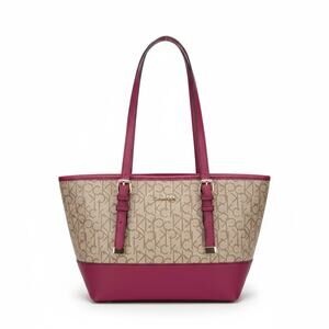 CALVIN KLEIN Signature MONOGRAM TOTE Beige With PINK LEATHER TRIM Size MEDIUM